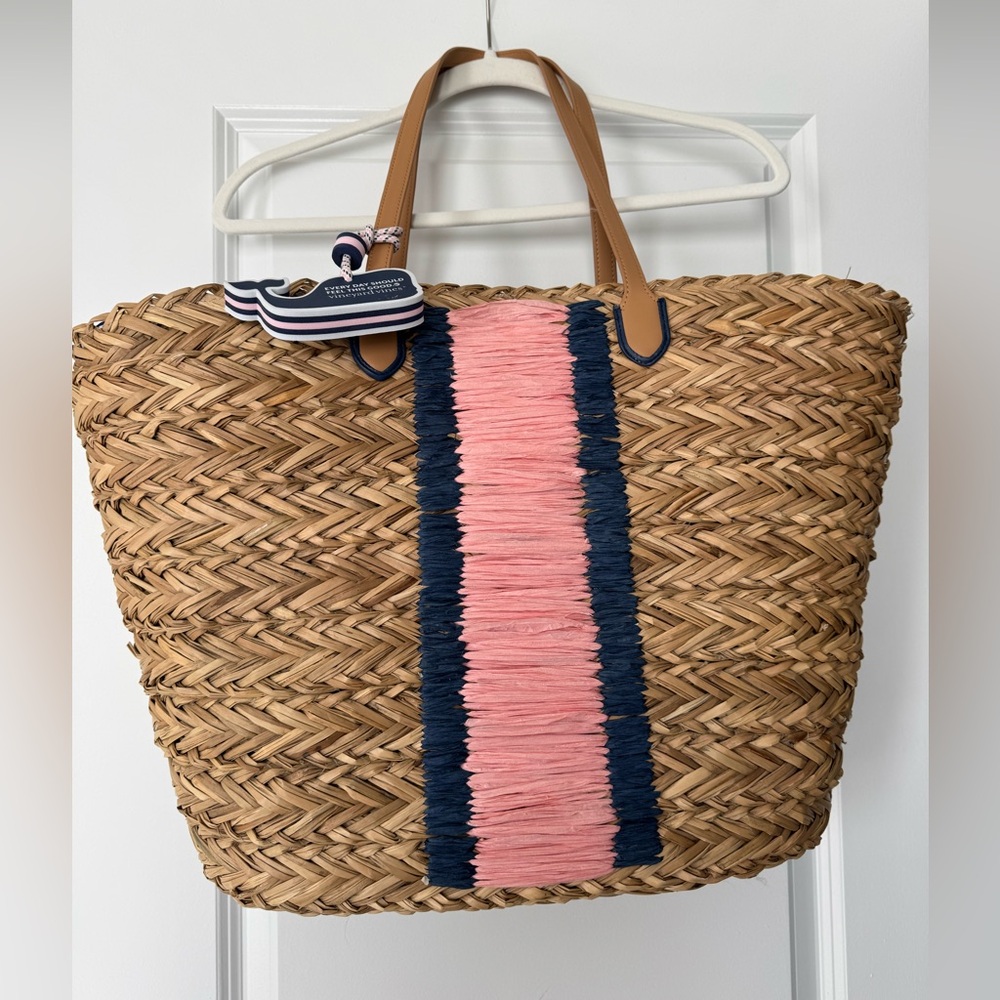 Vineyard Vines by Target Straw Tote with Pink and Navy Stripe